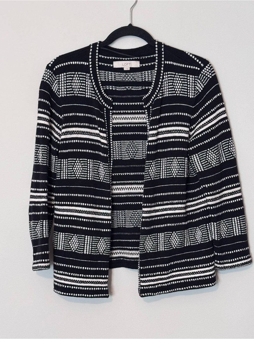 LOFT Black White Geometric Open Front Cardigan Sweater Size M